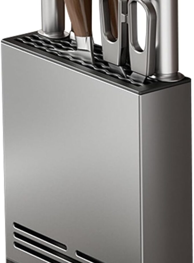Magnetic Universal Knife Block Holder, Magnetic Aluminum Knife Holder for Refrigerator with Slots for Scissors and Sharpening Rod Storage Stand Display Unique Slot Design to Protect Blade