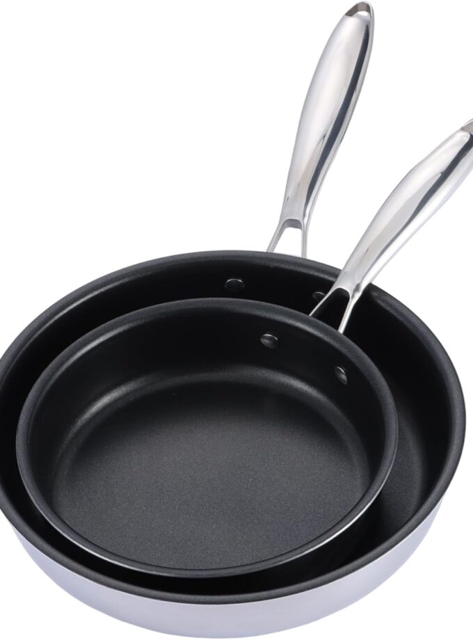 8" and 10" Nonstick Frying Pan Set, Tri-ply Stainless Steel Skillet Fry Pan for Cooking Omelets Egg Steaks, Induction Ready & Oven Safe, Stay-Cool Handle & Compatible with All Stoves