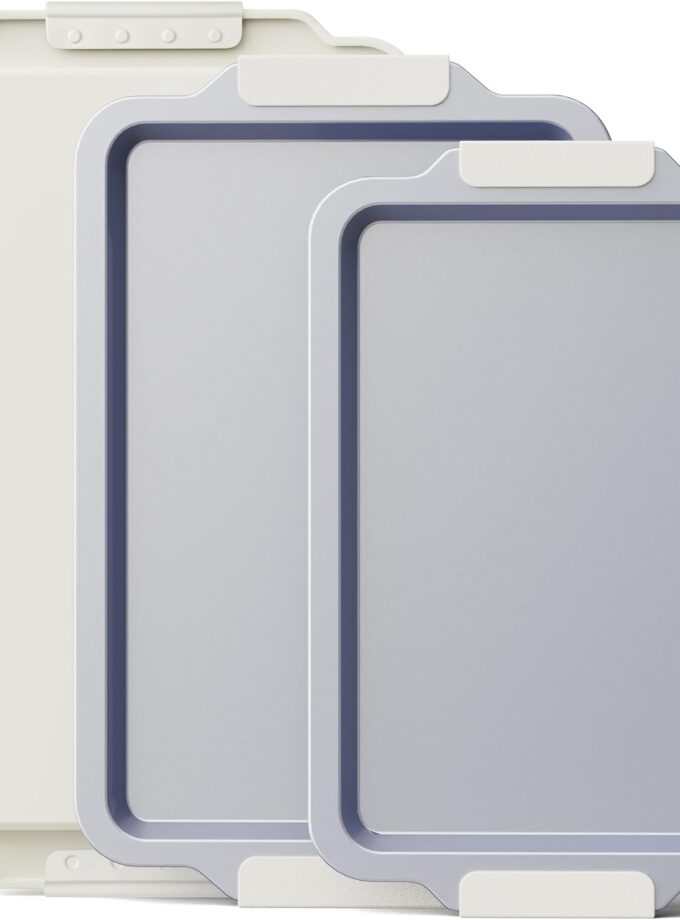 Non Stick Ceramic Baking Sheet Pan Set of 3, Natural Non Toxic Cookie Sheets for Baking - ,  Free, Heavy Duty Aluminized Steel Oven Trays for Cooking with Silicone Handles, Cream