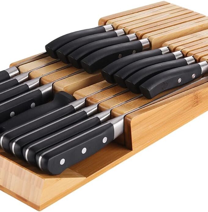 Bamboo In-Drawer Knife Block Set for 16 Knives(Not Included), Large Kitchen Detachable Washable Cutlery Slot Organizer Storage Holder for Sharpening Steel and Cutter