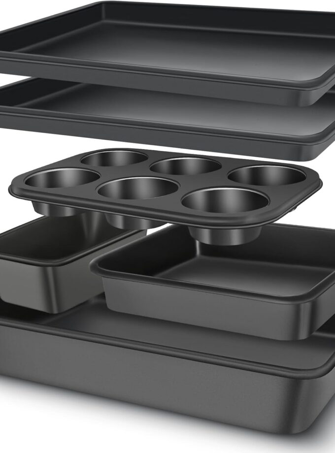 Baking Pans Set, Nonstick Bakeware Sets, Oven Pans for Cooking,  6 Pieces Baking Sheets Set Including Cookie Sheet, Deep Roaster Pan, Square Pan, Loaf Pan, Muffin Pan, Carbon Steel Baking Set