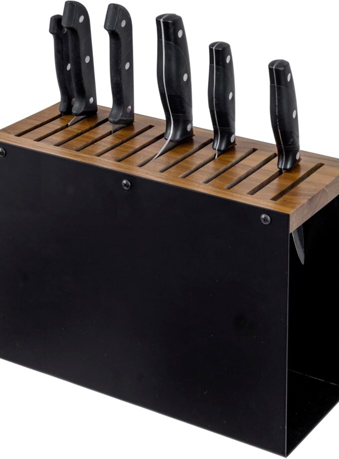 13 Slot Deluxe Natural Acacia Solid Wood and Matte Black Metal Universal Knife Block, Kitchen Countertop Cutlery Holder, Safe Blade Storage Knives Rack