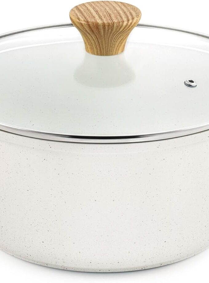 Ceramic Nonstick Stock Pot with Lid, 4.5 Quart Induction Cooking Pot with Tempered Glass Lid, Stew Pot for Soup, Oatmeal and Pasta, PFAS and PTFE Free Casserole, White