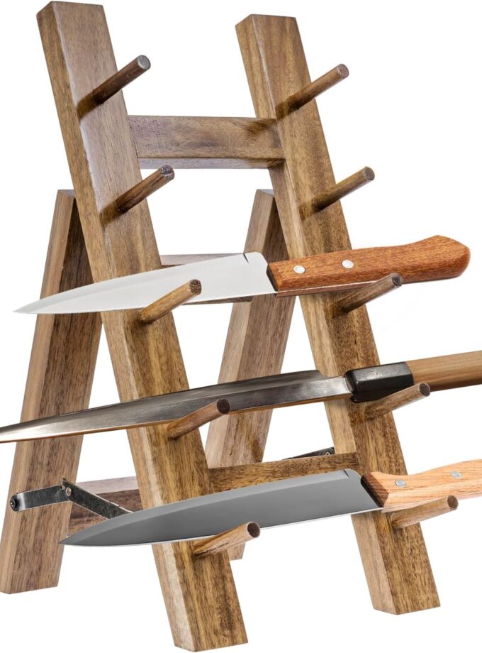 5 Tier Premium Acacia Solid Wood Universal Kitchen Knife Holder, Foldable A-Frame Countertop Cutlery Display Stand, Chef Knives Storage Drying Rack