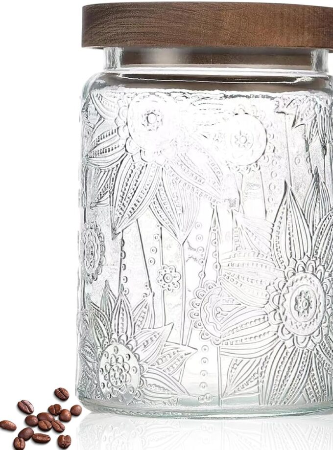 24 OZ Airtight Glass Storage Jar with Bamboo Lid - Vintage Glass Jar Vintage Food Containers Canisters Set for Kitchen Counter & Pantry - Ideal for Sugar, Flour, Coffee, Tea, Candy, Oats, Cereal