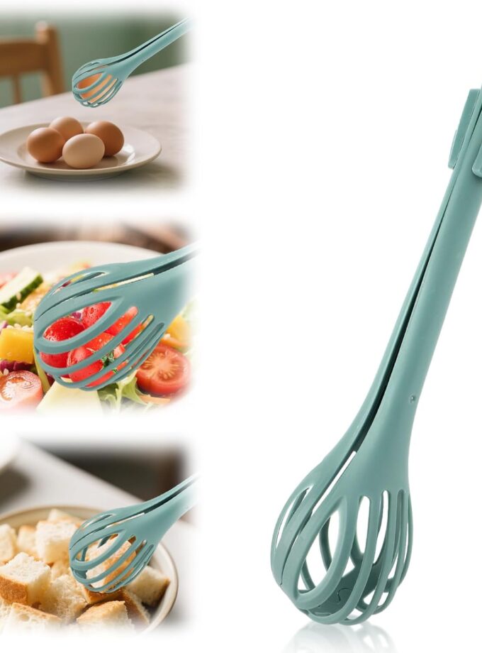 2 in 1 Food Clip & Egg Whisk, Multifunctional Egg Beater Manual Mixer and Serrated Tongs Practical Kitchen Gadget Tool for Gripping Stirring Mixing Ideal for Bread Pasta Salad (Green)