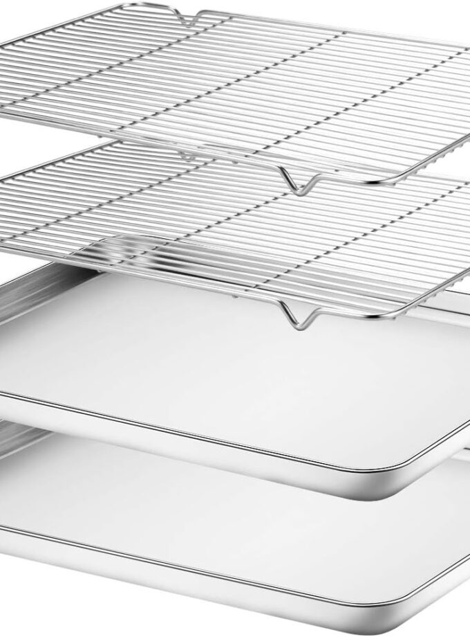Baking Sheet & Rack Set [2 Sheets + 2 Racks], Stainless Steel Cookie Pan with Cooling Rack, Size 16 x 12 x 1 Inch, Non Toxic & Heavy Duty & Easy Clean