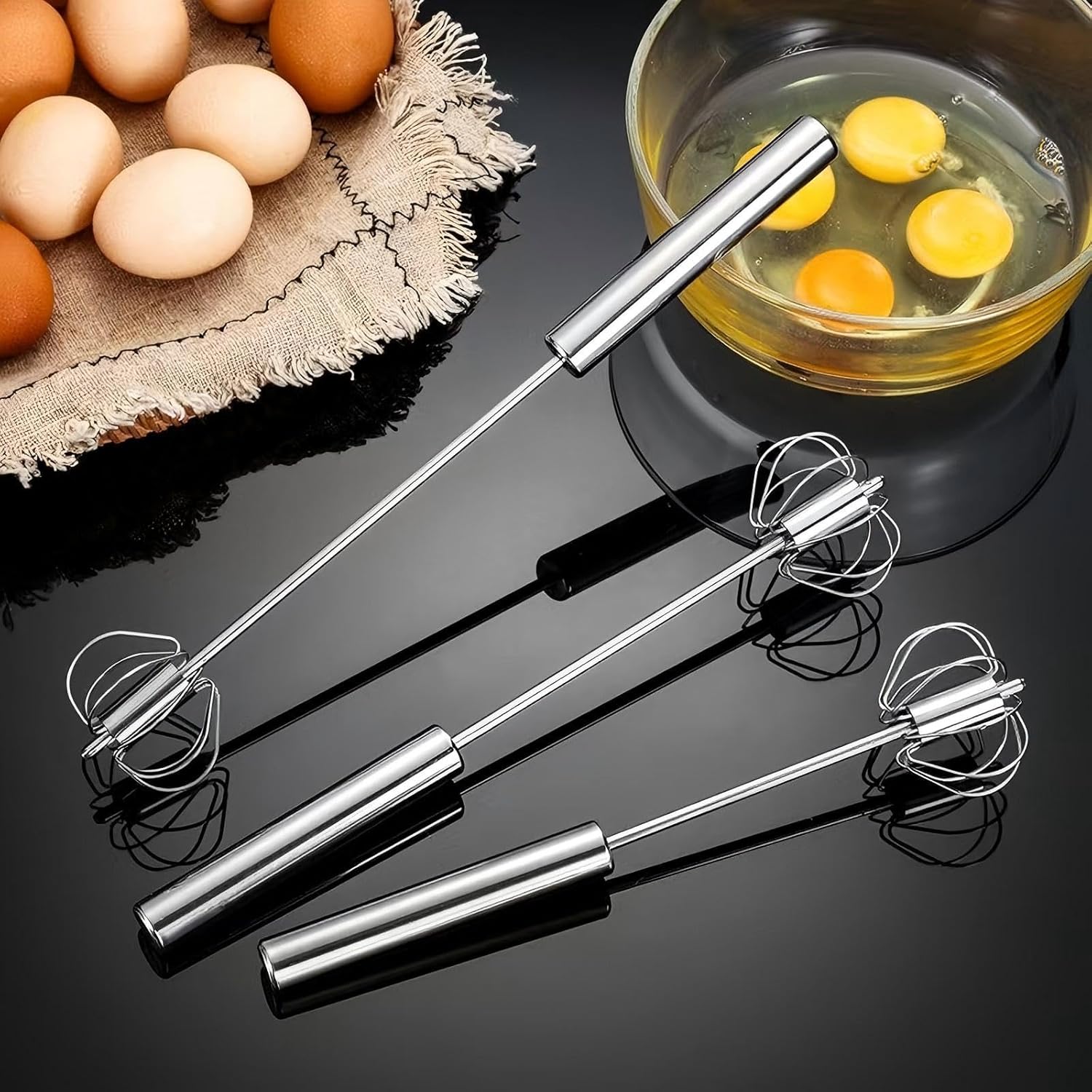 3 Pack Stainless Steel Egg Whisk, Hand Push Rotary Whisk Blender, Versatile Easy Whisk, Hand Push Mixer Stirrer for Beating Eggs, Frothing Milk, Blending, Mixing, Whipping Smoothies & Shakes - Image 2