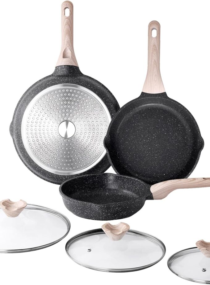 Nonstick Frying Pan Set with Lids, 3 Piece Skillet Set, Healthy Induction Cookware Cooking Pan, Stay-Cool Handle, Compatible with All Stovetops,  Free (8, 9.5, 11 Inch)