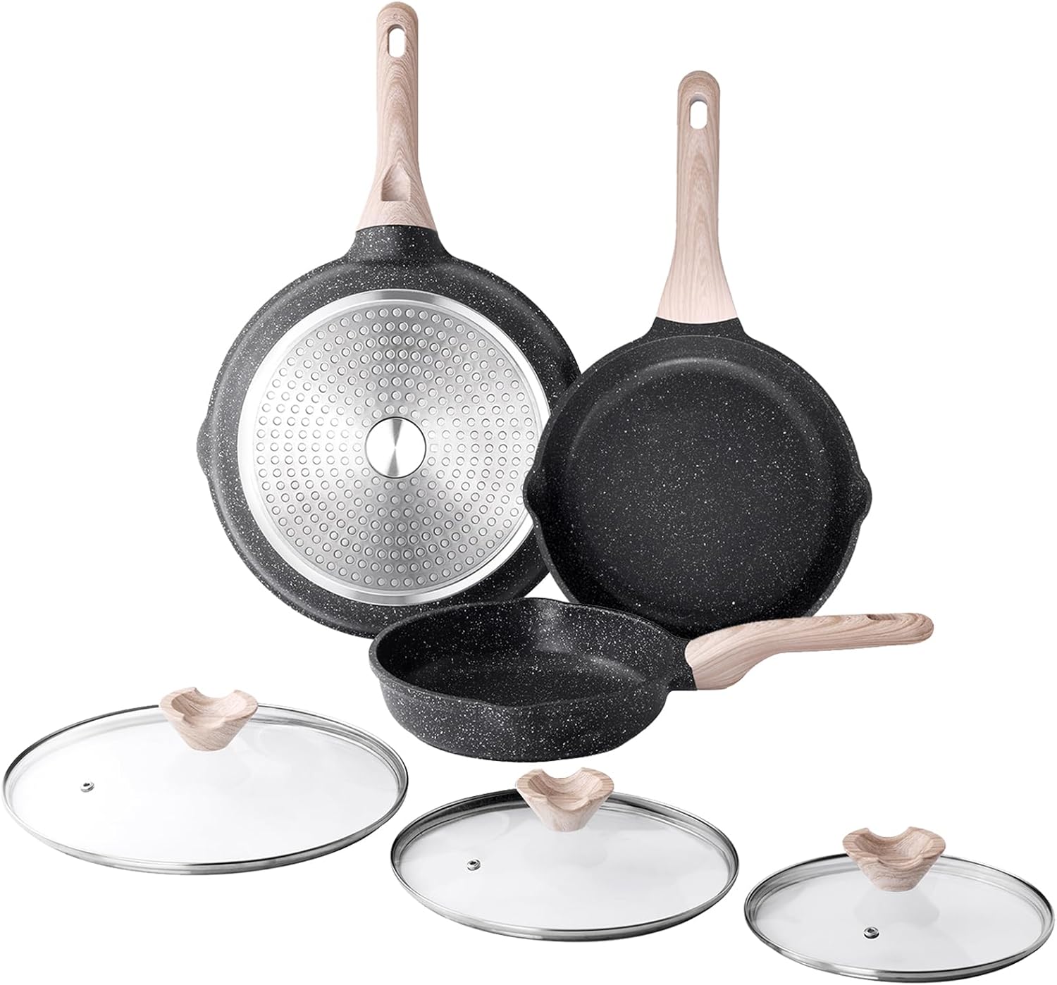Nonstick Frying Pan Set with Lids, 3 Piece Skillet Set, Healthy Induction Cookware Cooking Pan, Stay-Cool Handle, Compatible with All Stovetops, Free (8, 9.5, 11 Inch)