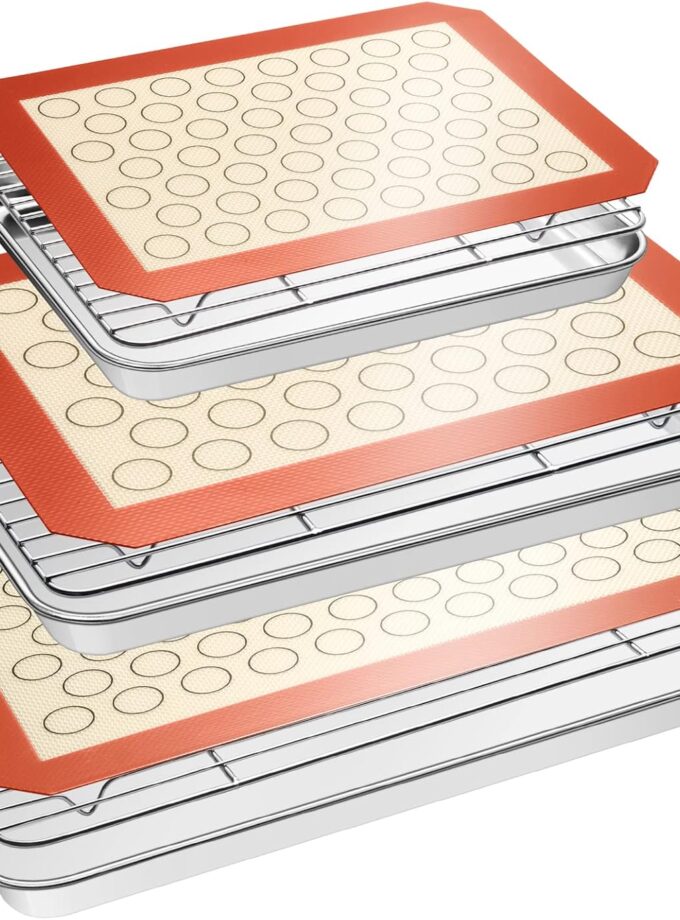 Baking Set: Stainless Steel Sheet Pan with Cooling Rack & Silicone Mat Set, Multi-Size (3 Sheets + 3 Racks + 3 Mats), Warp Resistant & Heavy Duty, Easy Clean