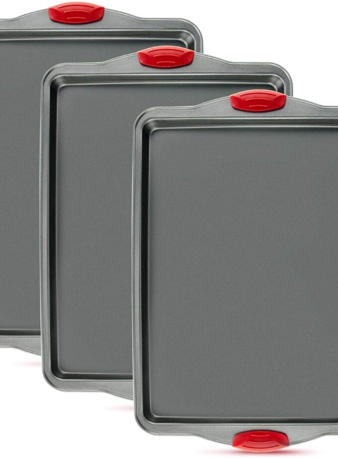 Premium Nonstick Baking Sheet Pans – Set of 3, Heavy-Gauge Carbon Steel, Warp, Dent, and Rust-Resistant – Gourmet Rimmed Half Cookie Sheet Trays, Non-Toxic for Exceptional Baking Performance