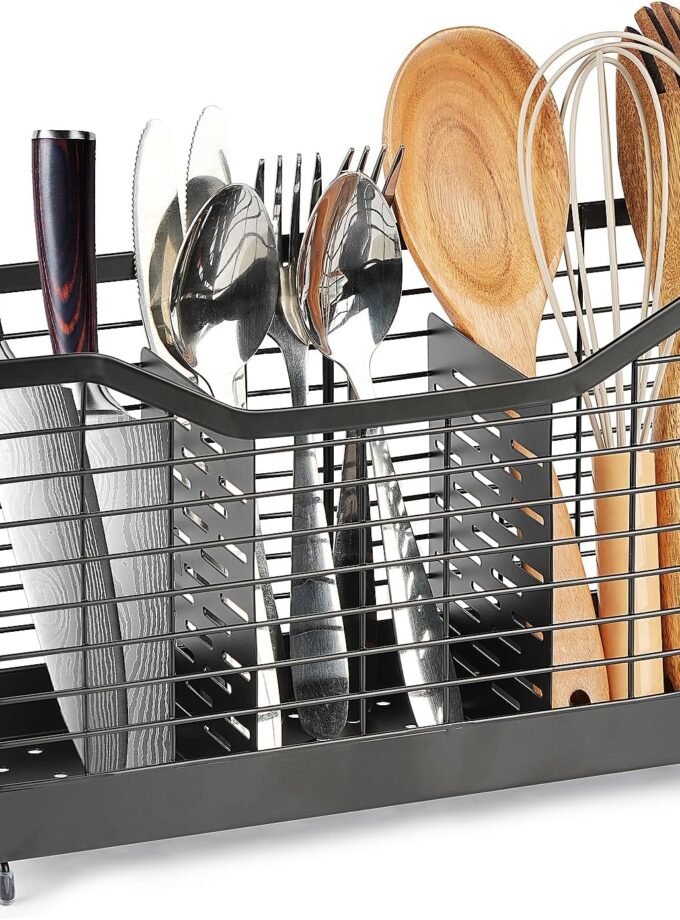 Utensil Holder for Kitchen Counter, Stainless Steel Utensil Drying Rack with 3 Compartments for Kitchen Countertop, Cooking Cutlery Silverware, Forks, Knives, Spoons Organizer